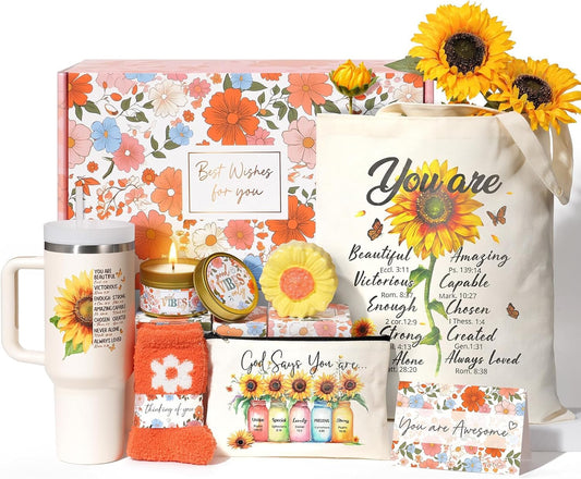 Christian Gifts for Women Faith, Religious Catholic Gifts for Women Mom Grandma Sister Coworker Inspirational Spiritual Sunflower Gifts Christmas Birthday Gifts for Women with Makeup Bag 40 OZ Tumbler