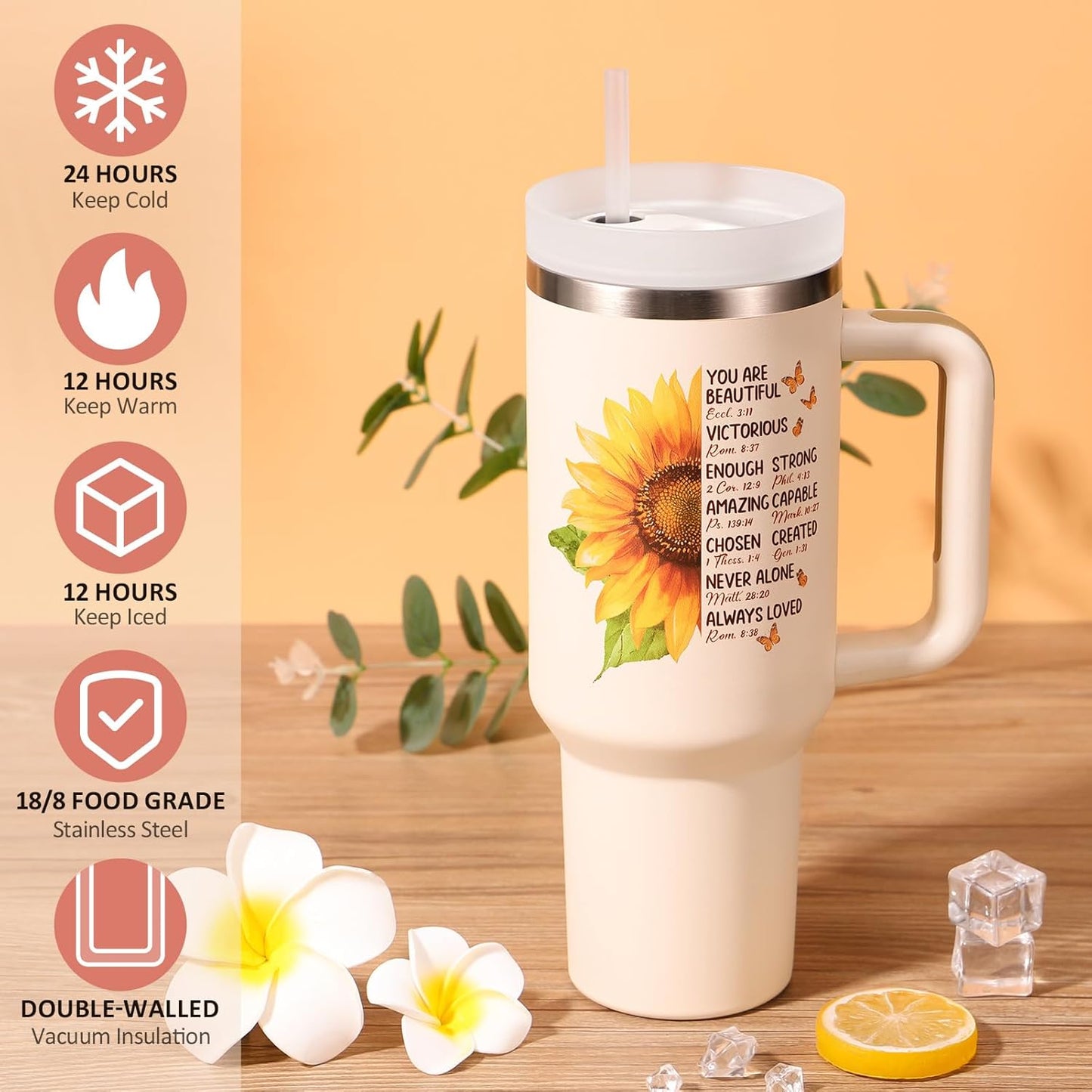 Christian Gifts for Women Faith, Religious Catholic Gifts for Women Mom Grandma Sister Coworker Inspirational Spiritual Sunflower Gifts Christmas Birthday Gifts for Women with Makeup Bag 40 OZ Tumbler