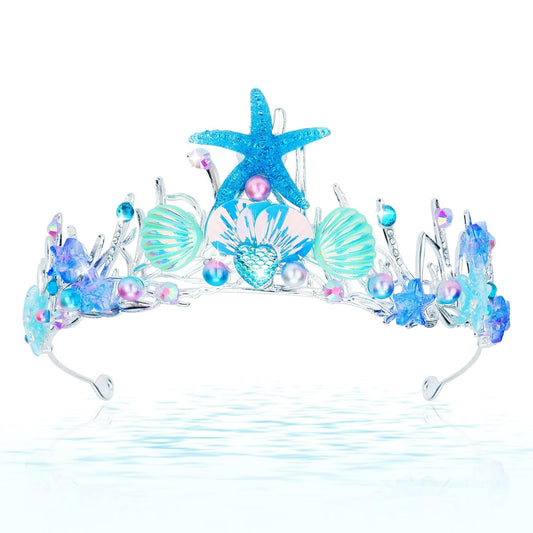 Mermaid Crown for Women Girls Mermaid Princess Blue Starfish Tiara Seashell Crown Mermaid Party Mermaid Birthday Decorations, Mermaid Accessories Costumes for Women